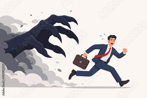 Businessman Running Away from a Giant Shadow Monster Hand Representing Fear, Stress, Anxiety, and Business Failure, Concept of Corporate Pressure, Panic Attack, and Mental Health Struggle