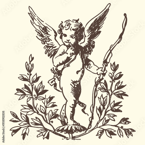 Obraz na plátně Vintage vector illustration of a classical cherub with angelic wings holding a b