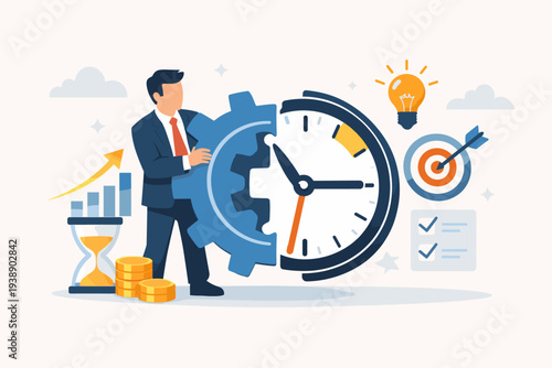 Efficiency and productivity concept with businessman managing time and resources to optimize work results, increase performance, achieve goals, and grow business with clock, gear, and money.