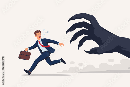 Scared Businessman Running Away from a Giant Shadowy Monster Hand, Concept of Career Anxiety, Work Stress, Business Failure, Panic Attack, Mental Health Struggle, and Overwhelming Pressure.