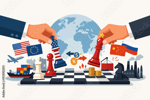 Geopolitics and Global Strategy Concept with Hands Playing Chess Using Superpower Flags like USA, China, Russia, and EU. International Trade, Diplomacy, and Economic Competition Illustration.