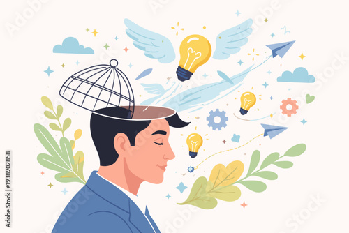 Creative Thinking and Mental Freedom Concept with Man Releasing Ideas from Open Head Birdcage. Illustration of Mindfulness, Imagination, and Innovation with Winged Lightbulbs, Gears, and Planes.