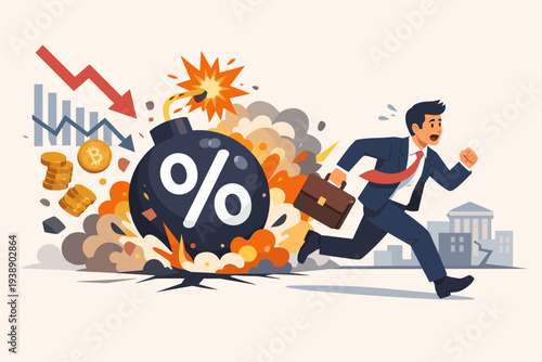 Businessman Running Away from Interest Rate Bomb and Economic Recession, Financial Crisis Concept with Stock Market Crash, Inflation, Debt, and Tax Burden in Flat Vector Illustration