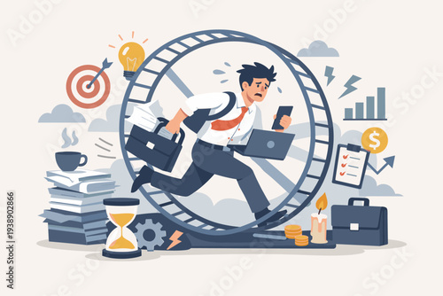 Stressed Businessman Running in Hamster Wheel Representing Toxic Hustle Culture, Overworked Employee Facing Burnout, Corporate Stress, Deadline Pressure, and Unhealthy Productivity Habits Vector