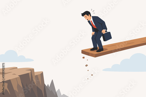 Businessman in a suit standing on a breaking wooden plank over a steep cliff, symbolizing financial risk, economic recession, fear of losing money, bankruptcy, and business failure concept art.