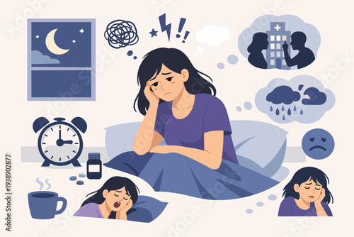 Woman suffering from insomnia sitting in bed at night with alarm clock showing 3 am, feeling exhausted and stressed with thought bubbles of worries, depression, and sleep deprivation symptoms.