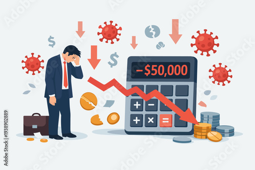 Depressed entrepreneur suffering from money loss and debt during coronavirus pandemic, calculator showing negative balance, falling market arrow, business bankruptcy and economic crisis concept.