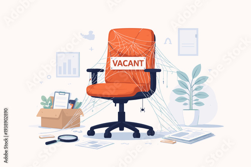 Labor Shortage and Job Vacancy Concept with an Orange Office Chair Covered in Cobwebs and a Vacant Sign, Illustrating Recruitment Crisis, Hiring Challenges, and Unemployment in the Workplace.