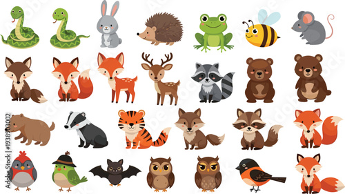 Cute Forest and Wildlife Animal Set Featuring Foxes, Bears, Snakes, Birds, and More for Kids’ Illustrations, Educational Materials, and Toys