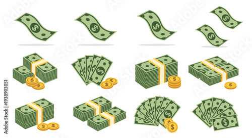 Comprehensive set of money icons including flying dollar bills, stacks of cash, bundles with gold coins, and fan arrangements on a white backdrop.