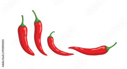 Group of four bright red chili peppers with green stems shown in different positions and angles, isolated on a white background for design.