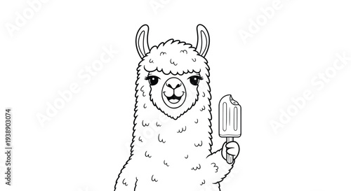 Cute llama character holding a bitten ice cream bar on a stick, presented as a black and white line art illustration for coloring or design.