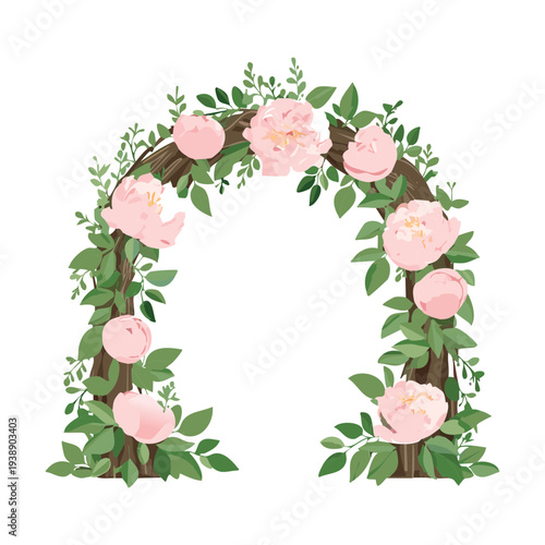 Decorative garden arch flower illustration with rustic wooden structure for charming wedding themed graphic design and art