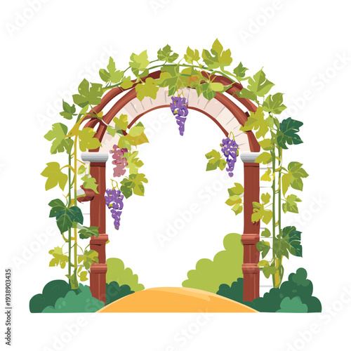 Rustic wooden arch flower illustration for natural garden wedding themed graphic design and artistic project layout work