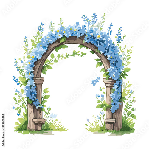 Charming blue flower illustration of a garden arch for romantic wedding themed graphic design and art work