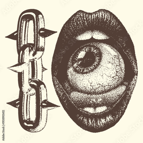 Striking surreal vector illustration of an eyeball emerging from an open mouth next to a spiky metal chain, capturing a unique punk aesthetic graphic design element.