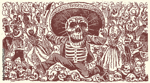 Vibrant vector illustration of a festive skeleton wearing a sombrero and suit, joyfully dancing amidst a lively crowd of many skeletal figures, celebrating a traditional cultural event.