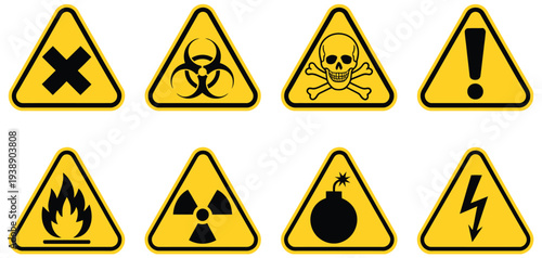Danger warning sign icon set, showcasing toxic, biohazard, and chemical hazard symbols with skull icons and yellow triangle caution signs in vector format for workplace safety graphics.