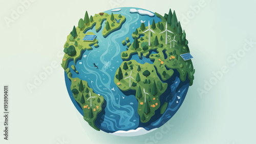 Eco friendly earth globe with lush green forests and blue oceans on a light background symbolizing nature and sustainability