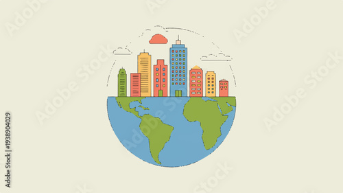 Earth with vibrant cityscape on top colorful buildings and green landmass on blue globe sunny sky