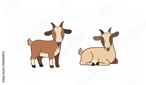 Cute farm goats cartoon vector set standing and lying goat characters isolated on white