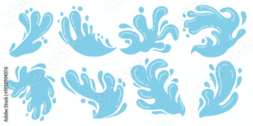 Blue water splash vector set with dynamic droplets and waves. Bundle objects of blue liquid flows and waves with falling droplets vector illustration