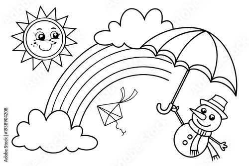 Weather Seasons Coloring Page for Kids - Sun, Rain, Snow, Rainbow Line Art