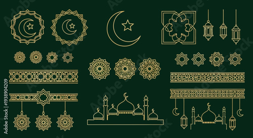 Gold Ramadan ornament collection with Islamic borders lanterns and mosques