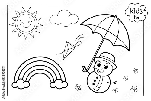 Weather Seasons Coloring Page for Kids - Sun, Rain, Snow, Rainbow Line Art
