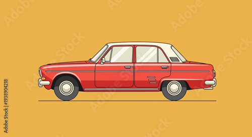 Vintage red sedan classic car side view isolated illustration