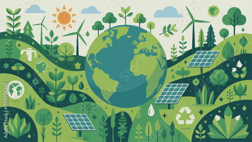 Earth surrounded by renewable energy sources and lush greenery symbolizing eco friendly sustainable living and environmental conservation with solar panels and wind turbines