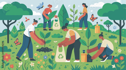 People gardening together outdoors in a lush green park with trees and flowers on a sunny day