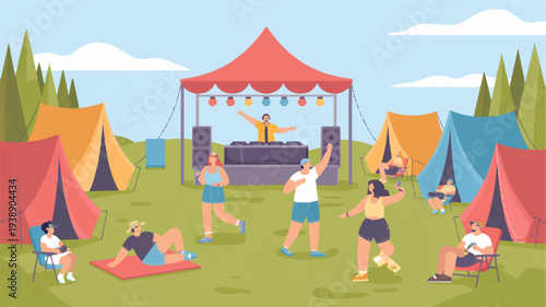 People enjoy music festival with colorful tents and stage in green field on sunny day