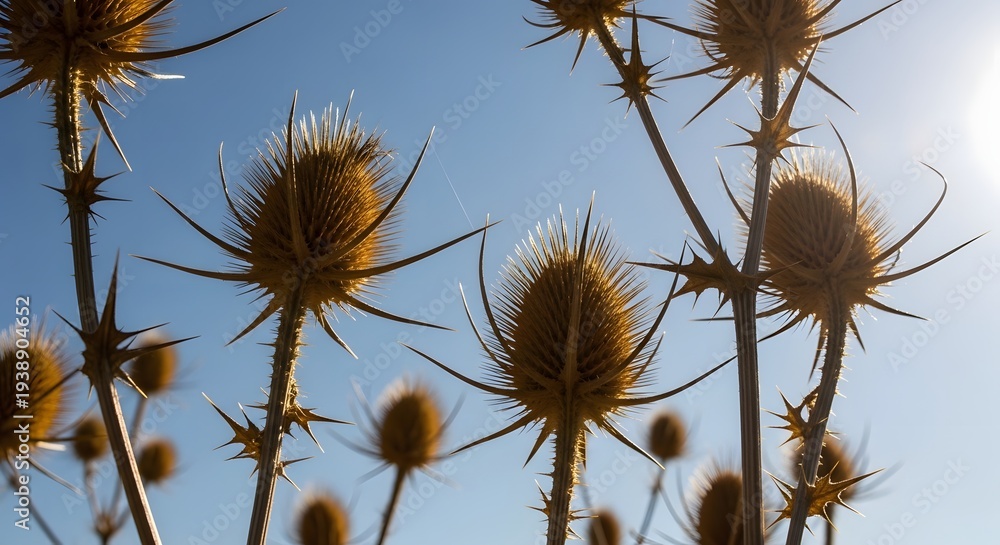 Obraz premium Rustic Aesthetic Thistle Plants Swaying in the Breeze under Clear Blue Sky