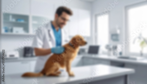 Blurred background photo of a veterinarian treating a sick dog at an animal clinic, commercial, blurry wallpaper.