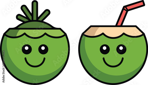 Cute Green Coconut Drink Mascot Characters - Kawaii Tropical Refreshment with Straw Vector Illustration