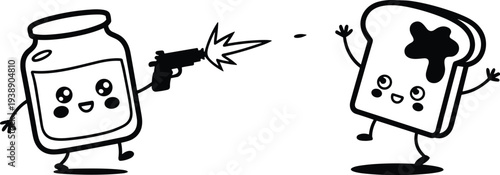 Funny Kawaii Jam Jar Shooting Jelly at Toast Vector Illustration, Cute Cartoon Breakfast Food Characters Dark Humor Art