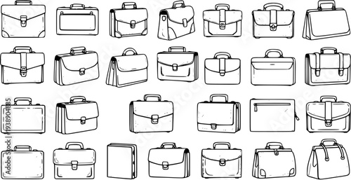 Set of hand-drawn business briefcases outlines. Collection of various office bags, professional work cases, and document holders in doodle sketch style.