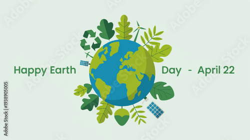 Earth day illustration with globe leaves and eco friendly symbols on light green background celebrating environmental awareness and sustainability