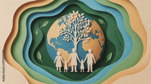 Family holding hands around the earth with a tree symbolizing environmental care and unity