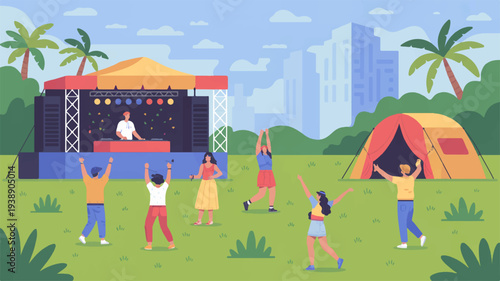 Friends dancing at outdoor music festival with tent and city skyline background
