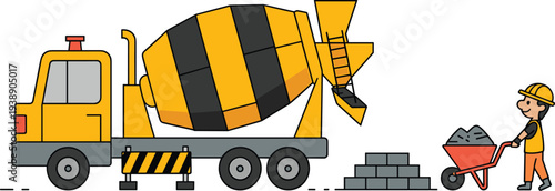 Yellow Cement Mixer Truck on Construction Site - Industrial Concrete Mixer Vehicle with Worker and Wheelbarrow Vector Illustration