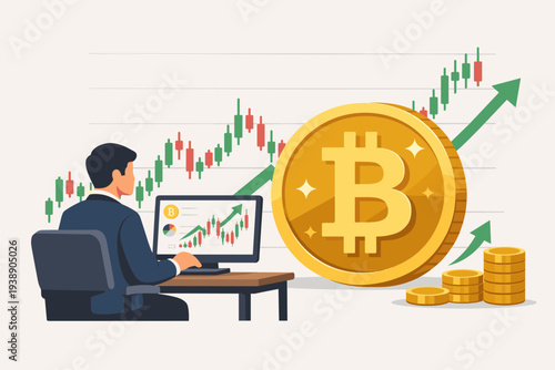 Successful businessman analyzing Bitcoin cryptocurrency market growth on computer screen with rising candlestick chart and gold coins, concept of digital asset investing, profit and trading.
