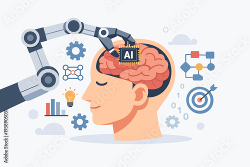 Artificial Intelligence Concept with Robotic Arm Placing AI Chip on Human Brain, Machine Learning Technology for Data Analysis, Problem Solving, Innovation and Cognitive Enhancement Vector.