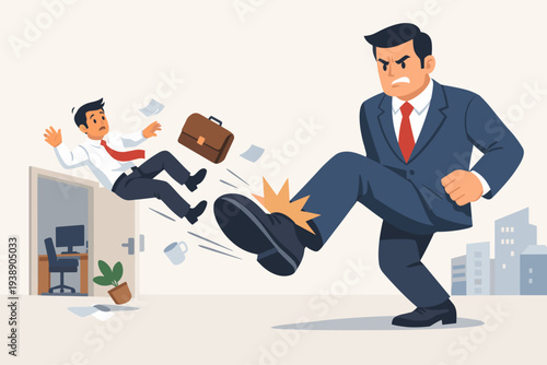Angry Boss Kicking Out Scared Employee from Office, Concept of Being Fired, Layoff, Job Loss, Unemployment, Business Failure, Underperforming Staff Dismissal, Corporate Conflict Vector Illustration