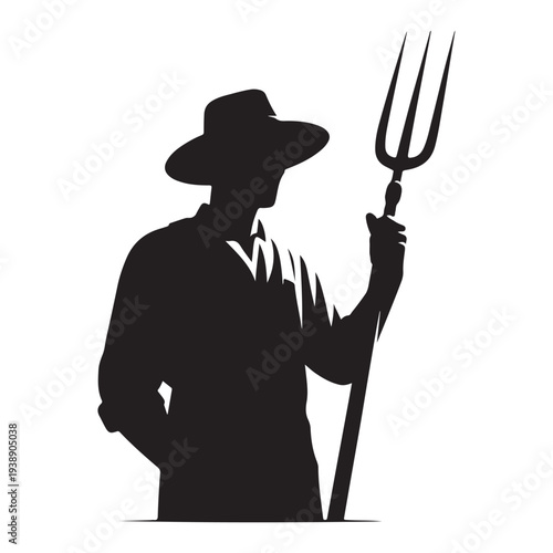 Farmer with Pitchfork Silhouette Vector Rustic Agriculture Worker Illustration Concept