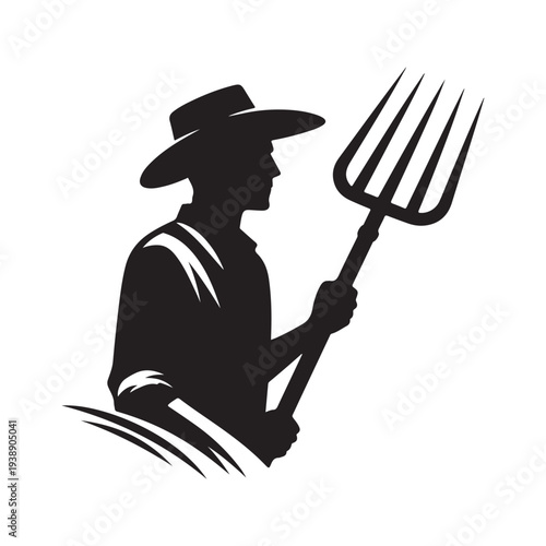 Farmer with Pitchfork Silhouette Vector Rustic Agriculture Worker Illustration Concept