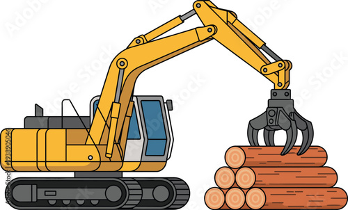 Yellow Excavator Loader Machine Lifting Wood Logs - Heavy Industrial Forestry Machinery Vector Illustration