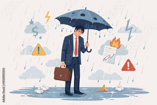 Depressed Businessman Holding Leaky Umbrella in Rain with Symbols of Financial Crisis, Business Failure, Stress, and Bad Luck; Concept of Mental Health, Burnout, Bankruptcy, and Bad Day.