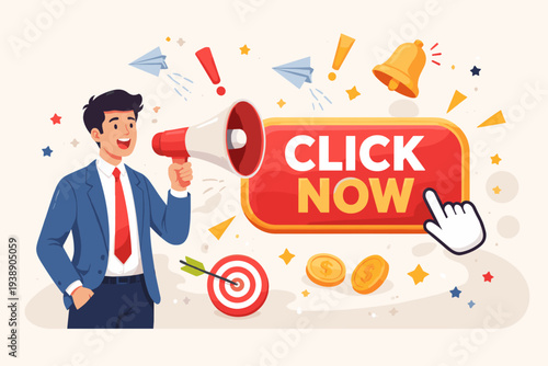 Businessman holding megaphone with Click Now button for online advertising call to action banner. Marketing promotion with cursor, target, coins, and bell icons for digital sales motivation.